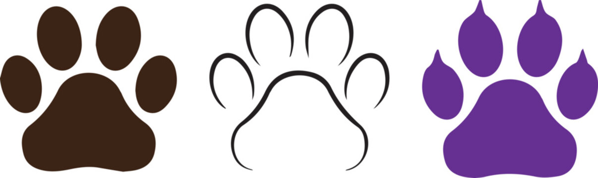 Three paw prints brown outline and purple animal track graphics