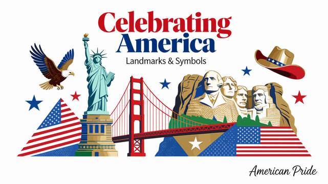 Vibrant illustration celebrating America with iconic landmarks and patriotic symbols like the Statue of Liberty, Mount Rushmore, Golden Gate Bridge, and bald eagle.