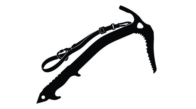 A professional mountaineering ice axe with a safety leash shown in a high contrast black silhouette style designed for extreme winter climbing and glacier trekking sports