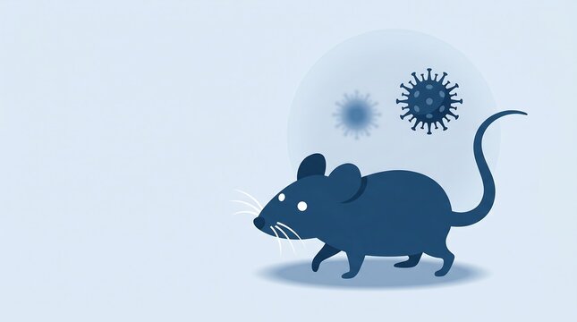 Dark blue cartoon mouse with virus particles floating above its head in a light blue background illustration