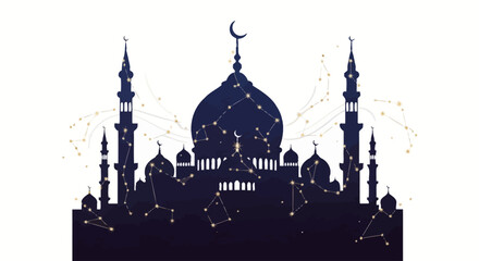 Silhouette of a mosque with celestial constellations and stars at night. © lucky