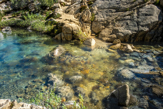 Cold Clear Water Of Upper Rae Lake Flowing Into Middle Rae Lakes Of Kings Canyon