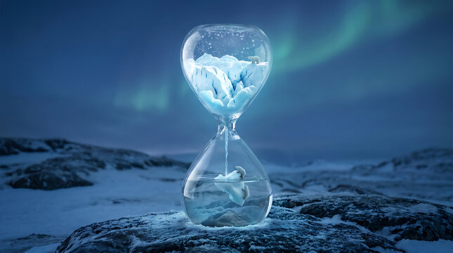 Glacier Hourglass With Polar Bear on Melting Arctic Ice Draining Into Floodwater Showing Climate Crisis Countdown for Conservation Urgency