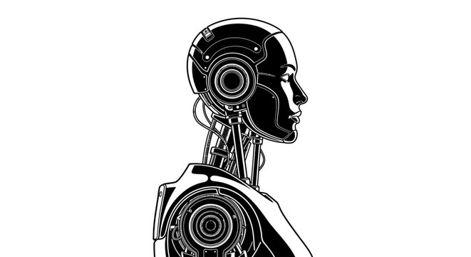 Black and white illustration of an android's head in profile.
