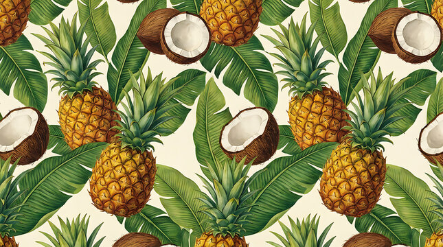Vibrant tropical fruit seamless pattern with pineapples and coconuts