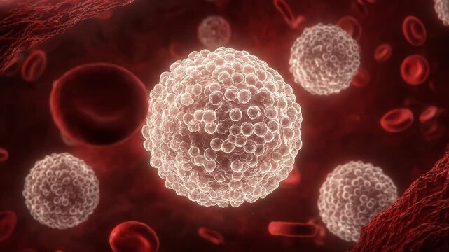 Cinematic microscopic visualization of HANTAVIRUS interacting with white blood cells within the bloodstream, depicting a vital immune response