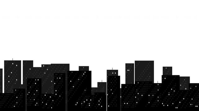 A black and white silhouette of a city skyline at night with numerous tall buildings, some windows illuminated, against a stark white sky