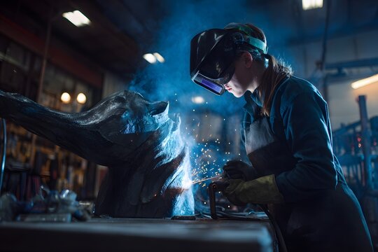 Technical execution of metal sculpture welding featuring high-intensity blue arcs, flying sparks, and a professional operator using a specialized protective face shield
