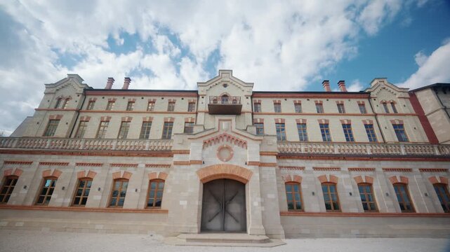 Wide frontal view of winery castle in Moldova, featuring the grand historic building, symmetrical facade, trimmed hedges, gravel pathway, and dramatic blue sky
