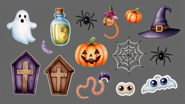Cute Halloween Watercolor Stickers with Pumpkin, Ghost, and Witch Elements