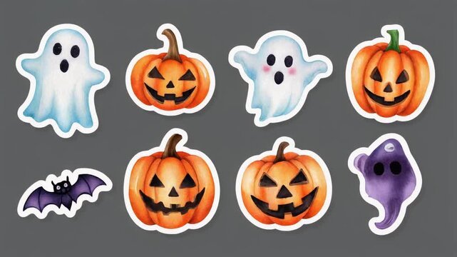 Halloween Watercolor Sticker Set with Spooky Cute Objects and Decorations in Modern Aesthetic
