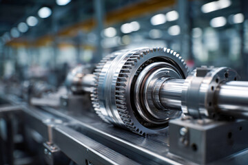 Fototapeta premium Precision-engineered metallic gears and shafts on an industrial manufacturing line for advanced machinery assembly in a modern factory environment