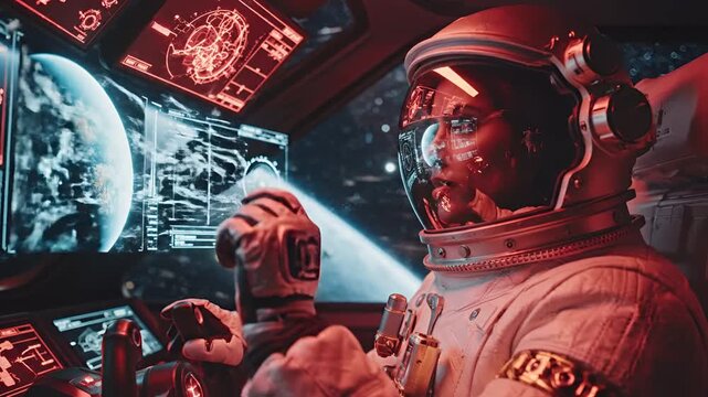 Astronaut piloting spaceship with futuristic holographic displays.