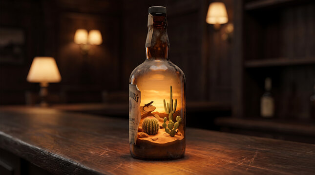Desert Ecosystem Miniature Inside Glass Whiskey Bottle on Rustic Bar Conceptual Nature Preservation Art for Environmental and Conservation Themes