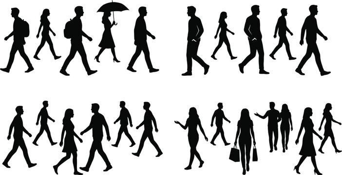 Collection of walking people silhouettes set diverse men and women pedestrians isolated on white background urban lifestyle concept