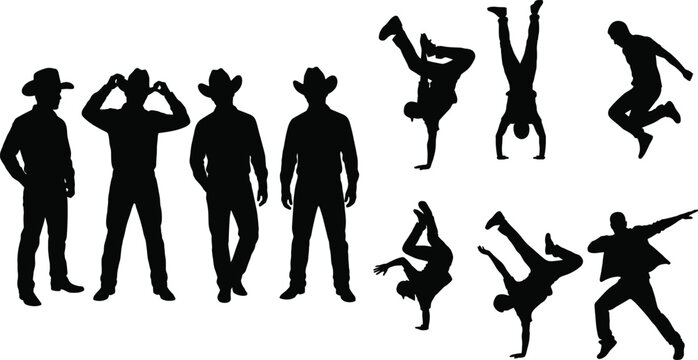 Cowboy and breakdancer silhouette set with western poses and hip hop dance moves isolated on white background