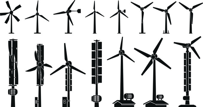 Wind turbine vector silhouettes set, renewable green energy icons of traditional and experimental vertical axis wind generators isolated on white, 23 words.