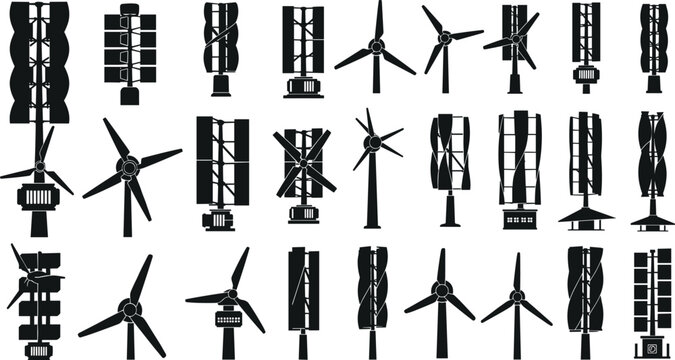 Wind turbine silhouettes set with horizontal and vertical axis renewable energy generators, alternative power technology icons isolated on white background,