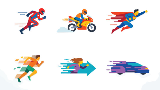 Set of speed and motion icons depicting fast-moving people, vehicles, and superheroes with dynamic lines.