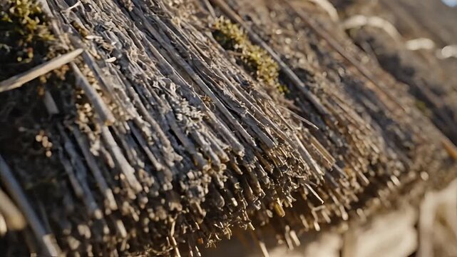 Closeup of a weathered thatched roof with moss and straw detail.