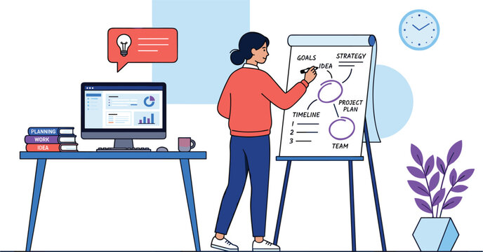 Business Project Planning Vector Illustration with Woman Writing Strategy on Flipchart Board for Office Management and Workspace Presentations