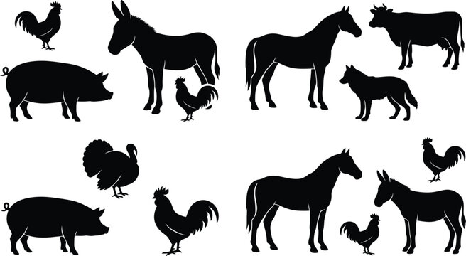 Farm animal silhouettes collection with horse donkey cow pig rooster and turkey isolated livestock vector set