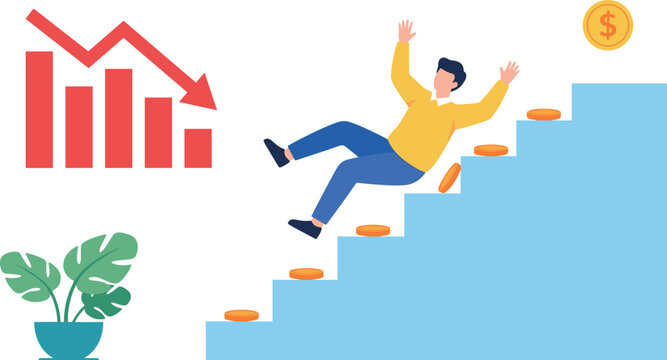Financial Crisis Vector Illustration with Businessman Falling Down Stairs and Decreasing Bar Chart for Economic Recession and Market Crash Concepts