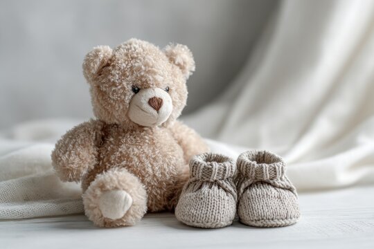 Soft teddy bear seated beside cozy knitted baby booties on a gentle fabric background symbolizing warmth and newborn care moments