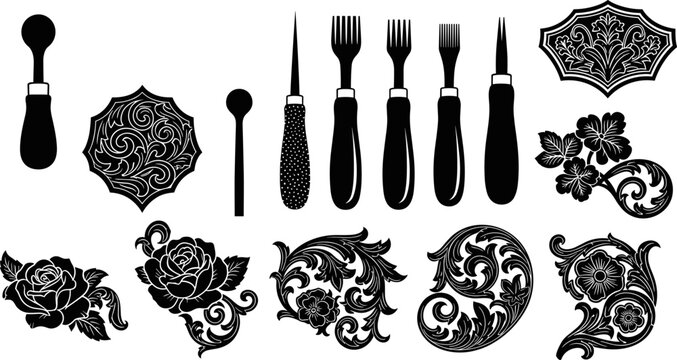 Leathercraft tools vector illustration set, leather tooling stamps, mallets, pricking irons, and intricate floral filigree baroque ornaments isolated on white,