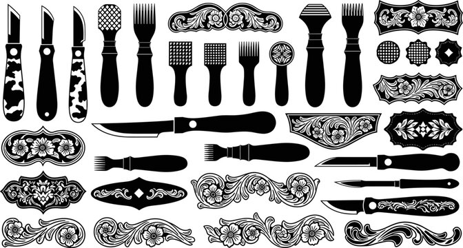 Leathercraft tools vector silhouettes set, including swivel knives, stamps, bevelers, and skivers alongside ornate western floral tooling elements, leather carving handcraft design, 22 words