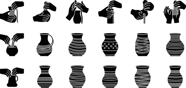 Hands shaping clay on a pottery wheel, black silhouettes of ceramic vases, artisanal pottery making process, traditional craftsmanship icons for creative studio projects, and professiona