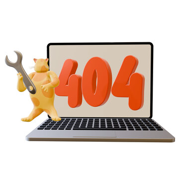3d illustration of a cat standing next to a laptop with 404 written on it. Depicting web maintenance