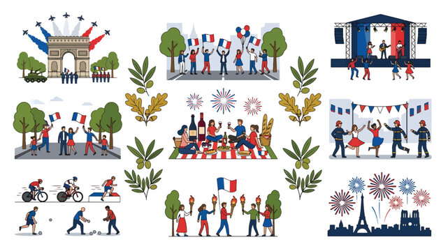 French Celebration of National Holiday with Iconic Landmarks and Lively Activities
