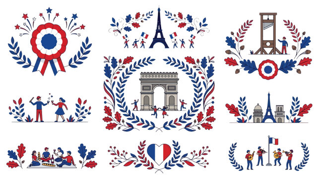France National Celebration Symbols Set Perfect for Patriotic Events and Bastille Day Designs