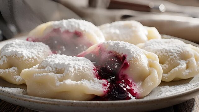 Delicious Homemade Cherry Pierogi Sprinkled with Powdered Sugar.