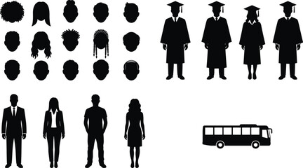 People silhouettes with hairstyles graduates business figures and bus transport icons isolated education and lifestyle vector set © MstMunmun