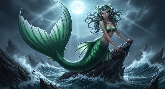 Mermaid in stormy sea fantasy scene.