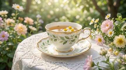 Fototapeta premium Floral porcelain cup of herbal chamomile tea on a lace tablecloth in a sunny blooming garden with soft sunlight.