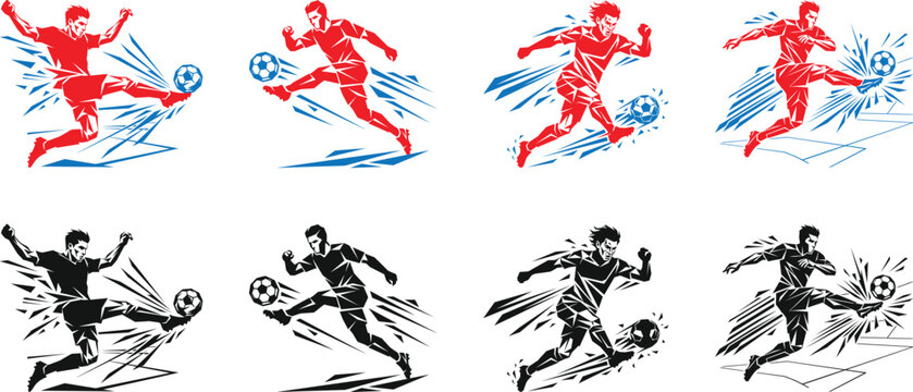  Football motion kicking flat vector, Mid Air Volley Kick Silhouette