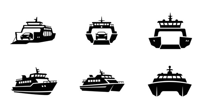 Set of six ferry boat icons with cars and passengers.