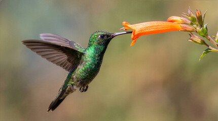 Fototapeta premium Green hummingbird feeding from orange flower