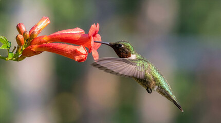Obraz premium Hummingbird Hovering and Feeding on Red Trumpet Flower