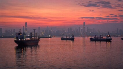 Fototapeta premium roadstead. Cargo ships anchored in calm roadstead at dusk, silhouetted against hazy city skyline. mobility guides, transit brochures, designed for transport & logistics marketing.
