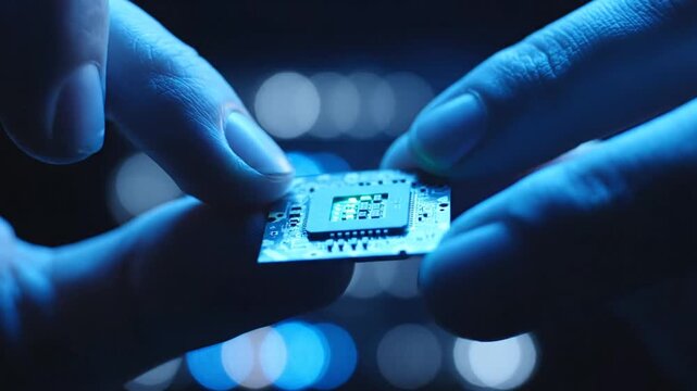 Close up of hands holding microchip with bokeh background.