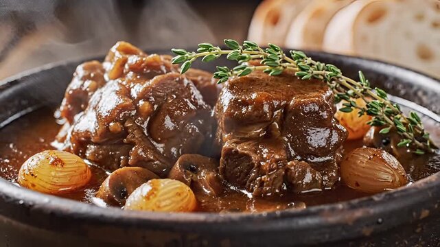 Hearty Beef Stew with Onions and Mushrooms.