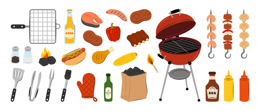 Barbecue grill element set with charcoal, red kettle BBQ, grilled meat, sausages, steak, salmon fish, skewers, shrimp, corn, sauces and kitchen tools isolated on white background.