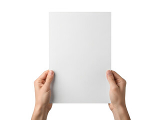 Obraz premium Hands holding a blank white sheet of paper for presentation or message isolated on transparent background