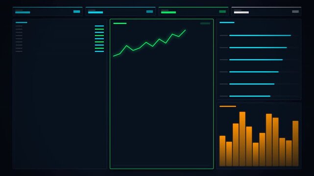 Digital interface displaying stock market data with upward trends, bar graphs, and colorful charts against a dark background