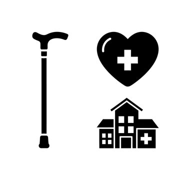 Medical healthcare symbols including cane heart and hospital building.