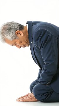 正座をして深く頭を下げ心から謝罪するスーツ姿のシニア男性